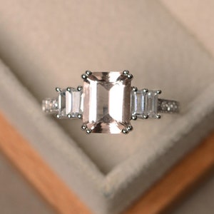 Engagement ring, natural pink morganite, emerald cut pink gemstone, three stones ring, sterling silver ring