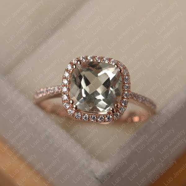 Cushion cut green amethyst ring,engagement ring,nature green amethyst ring,green gems ring