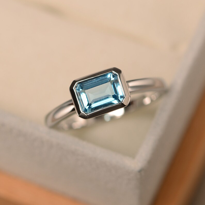 Swiss blue topaz ring anniversary ring sterling silver solitaire ring emerald cut