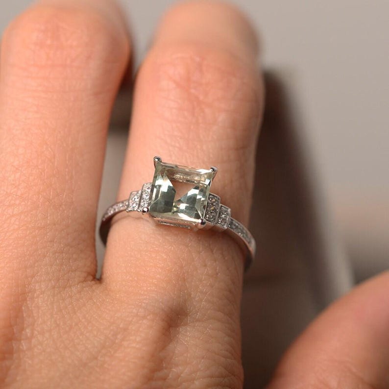 Green amethyst ring, princess cut, engagement ring, silver, green gemstone, promise ring image 6