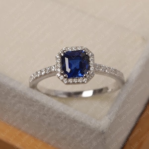 Asscher cut ring,blue sapphire silver ring, September birthstone, stunning engagement ring