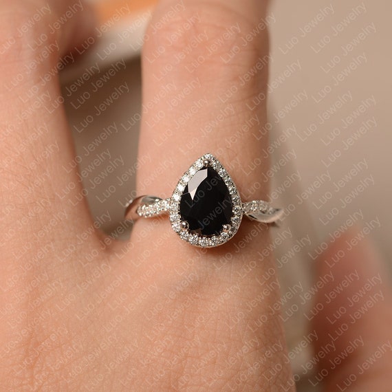 Natural black spinel ring sterling silver engagement ring for women pear cut twist ring