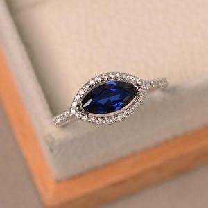 Blue sapphire ring, September birthstone ring, marquise cut gemstone, sterling silver ring