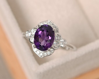 Purple amethyst ring, sterling silver, oval cut engagement ring