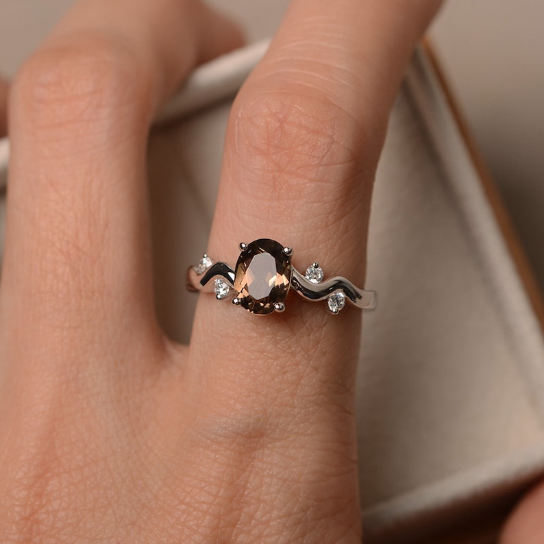 Smoky quartz ring sterling silver ring oval shape brown gemstone ring