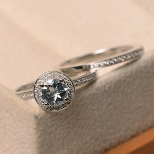 Natural aquamarine ring, March birthstone, silver engagement ring, promise ring for her, halo ring