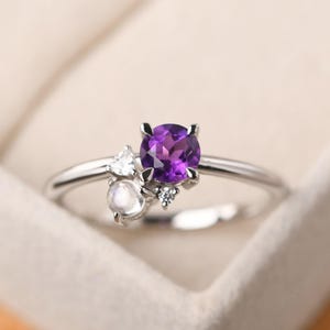 Custom family birthstone ring,round cut amethyst and moonstone engagement ring, February June birthstone