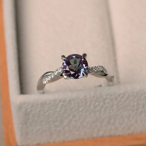Infinity alexandrite ring, twist promise ring, June birthstone, round cut, color changing ring