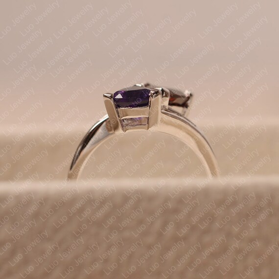 Amethyst Garnet Ring, White Gold, Engagement Ring, Trillion