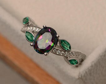 Oval shape mystic topaz wedding ring, sterling silver, multi stone rainbow topaz branch engagement ring