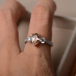 Wedding ring, natural pink morganite ring, pink gemstone ring, pear cut ring, solid sterling silver ring image 4
