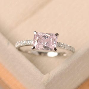 Pink cz ring, pink stone, emerald cut, sterling silver, engagement ring for women