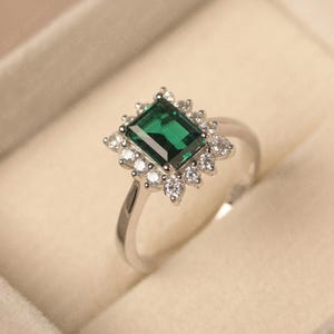 Vintage emerald wedding ring, solid silver, May birthstone, halo ring,unique birthday gifts