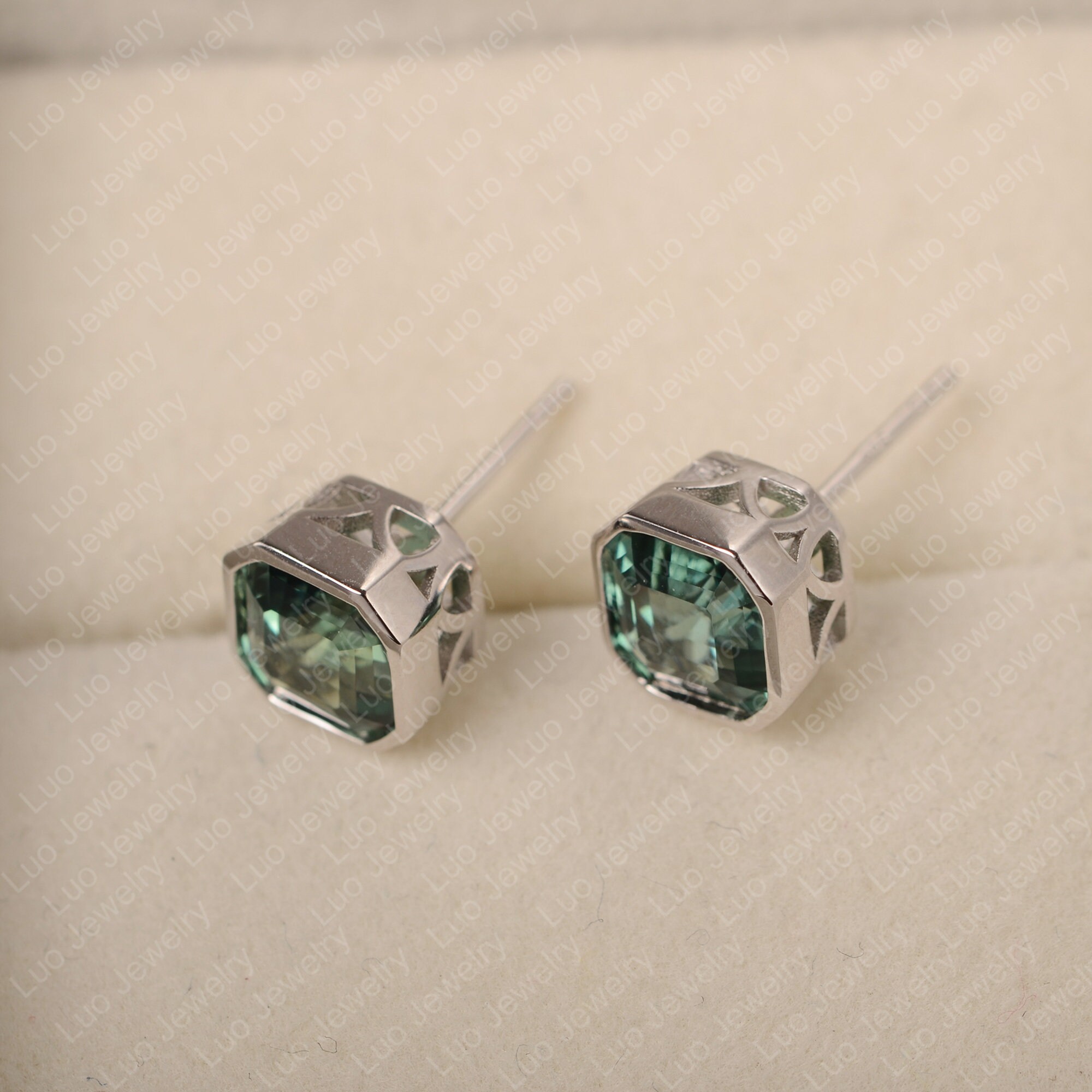 Green sapphire stud earrings sterling silver asscher cut Etsy