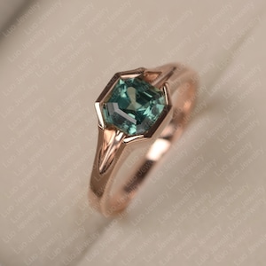 Teal sapphire ring, asscher cut, green sapphire, solitaire engagement ring ,14k rose gold