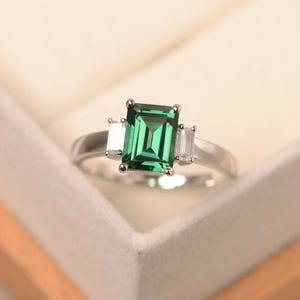 Green sapphire ring, green emerald cut gemstone ring, sterling silver wedding ring