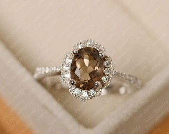 Anillo de cuarzo ahumado de corte ovalado, oro blanco, anillo de bodas para mujer