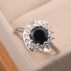 Halo black spinel ring,love you to the moon and back ring,sterling silver, anniversary gifts