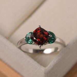 Natural garnet anniversary ring, cushion cut, sterling silver,January, May birthstone, mothers ring