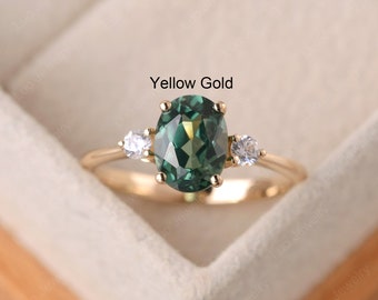 Green sapphire ring, delicate oval engagement ring, 14K solid yellow gold,anniversary gifts