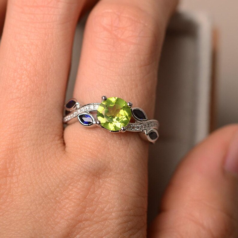 Natural peridot ring, leaf ring, peridot engagement ring, sterling silver image 5