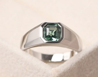 Bezel setting silver ring for men, asscher cut green sapphire minimalist wedding ring, anniversary gifts