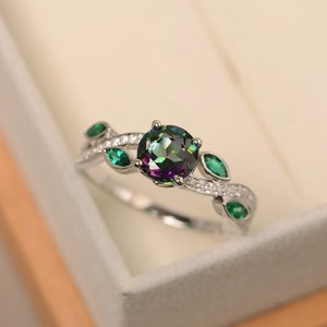 Mystic topaz ring, round shaped rainbow topaz, branch with leaves, twig engagement ring