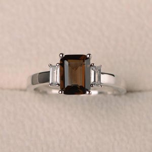 Cocktail party ring, natural smoky quartz ring, emerald cut brown gemstone, sterling silver ring
