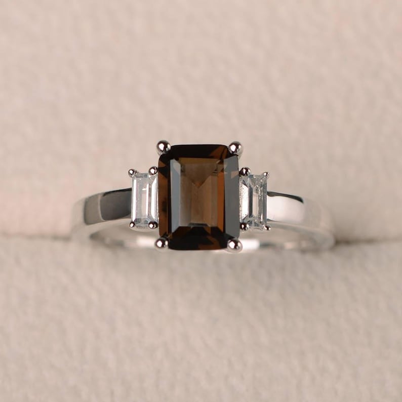 Cocktail party ring, natural smoky quartz ring, emerald cut brown gemstone, sterling silver ring image 1