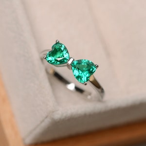 Emerald ring sterling silver, engagement ring, May birthstone, promise ring for her, multistone ring,hear cut emerald