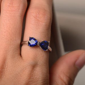 Lab sapphire ring, double stone, sapphire engagement ring, sterling silver image 5