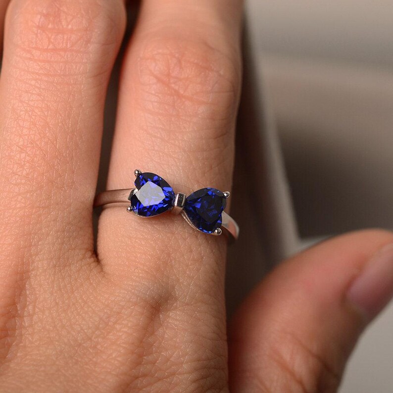 Lab sapphire ring, double stone, sapphire engagement ring, sterling silver image 5
