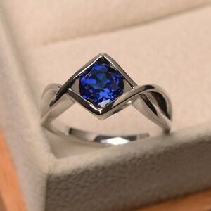 Blue sapphire rings, solitaire anniversary rings, September birthstone, round cut rings, sterling silver rings