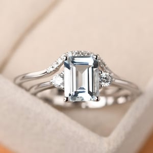 Aquamarine wedding sets ring, sterling silver curve stackable wedding band, March birthstone ring