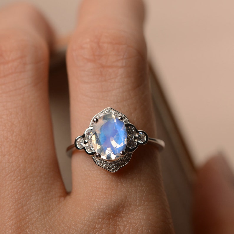 halo ring oval cut rings faceted moonstone ring Natural blue moonstone ring June birthstone
