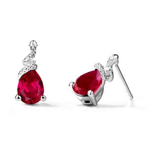 May include: A pair of silver earrings featuring pear-shaped, deep red gemstones. The earrings have a snake-like design with a small, clear stone accent. The gemstones are set in a silver metal setting.