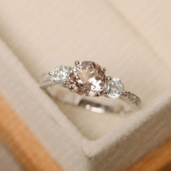 Pink morganite ring, round cut, pink stone ring, white gold, engagement ring for women