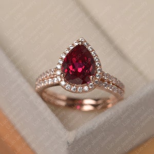 Stackable ring, vintage ruby ring set, pear cut , July birthstone, rose gold engagement ring