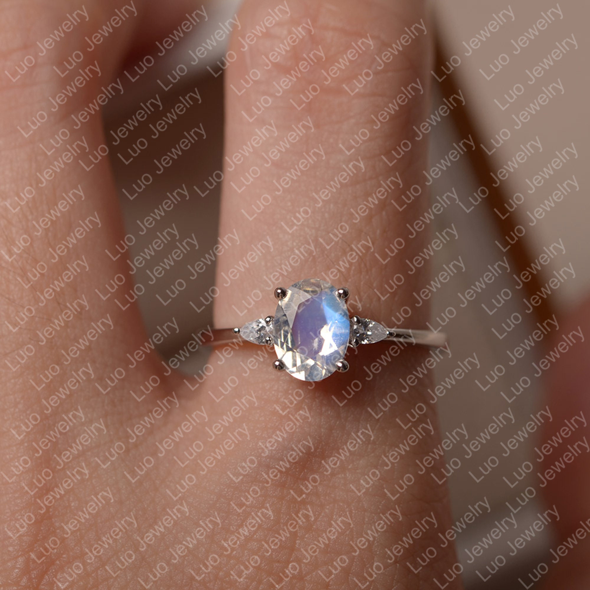 Blue Moonstone Ring, White Gold Engagement Ring, Oval Cut