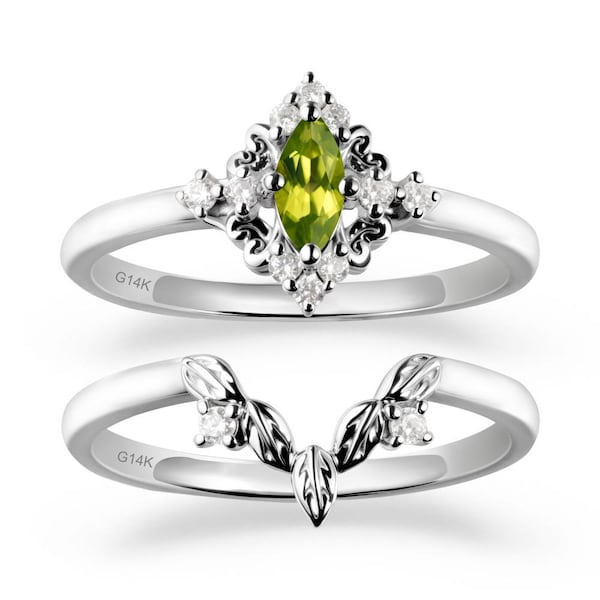 Marquise Peridot stacking ring set with Leaf, Green August birthstone halo engagement ring for women