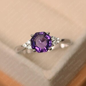 Amethyst ring, octagon cut purple gemstone ring, February birthstone, sterling silver wedding ring