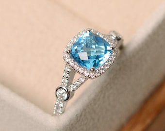 Swiss blue topaz ring, cushion cut, engagement ring, sterling silver, gemstone ring topaz