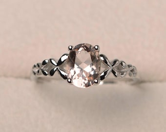 Natural pink morganite ring, wedding ring, oval cut pink gemstone, solitaire ring, sterling silver ring