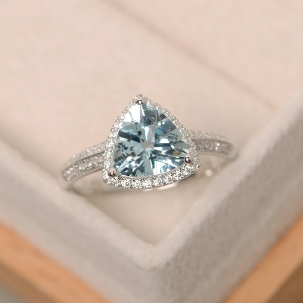 Aquamarine ring, triangle cut engagement ring, March birthstone, natural aquamarine