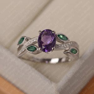 Amethyst wedding ring, oval cut purple stone, sterling silver engagement ring February birthstone