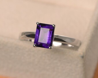 Natural amethyst ring, solitaire engagement ring, February birthstone ring, emerald cut purple gemstone ring, wedding ring for women