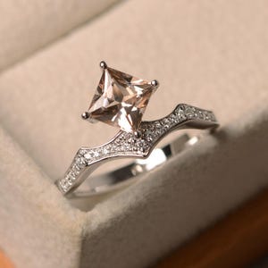 genuine natural morganite ring, princess cut, pink gemstone, sterling silver engagement ring for women