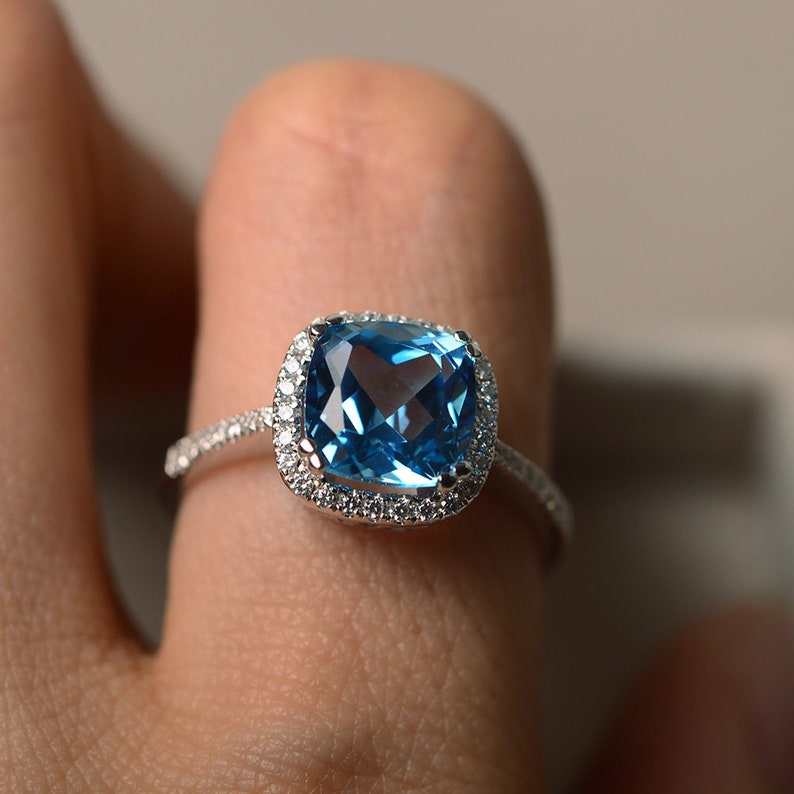 Swiss Blue Topaz Ring Cushion Cut Sterling Silver Gemstone - Etsy
