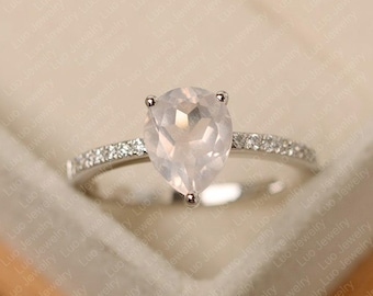 Pink quartz ring, pear cut, pink stone ring, white gold, engagement ring