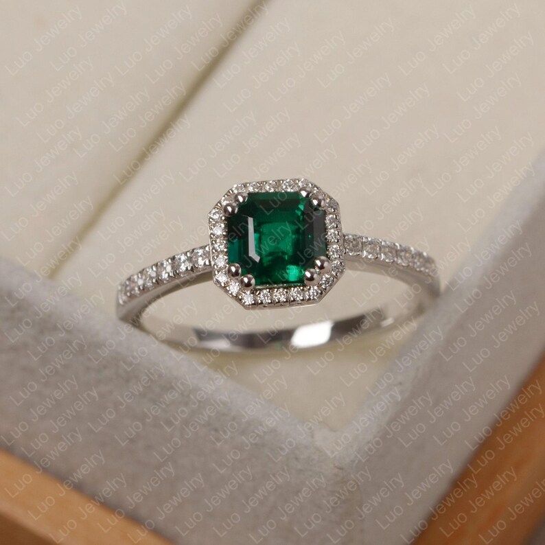 Emerald ring, asscher cut ring, emerald silver ring, green stone ring,halo ring,May birthstone image 2